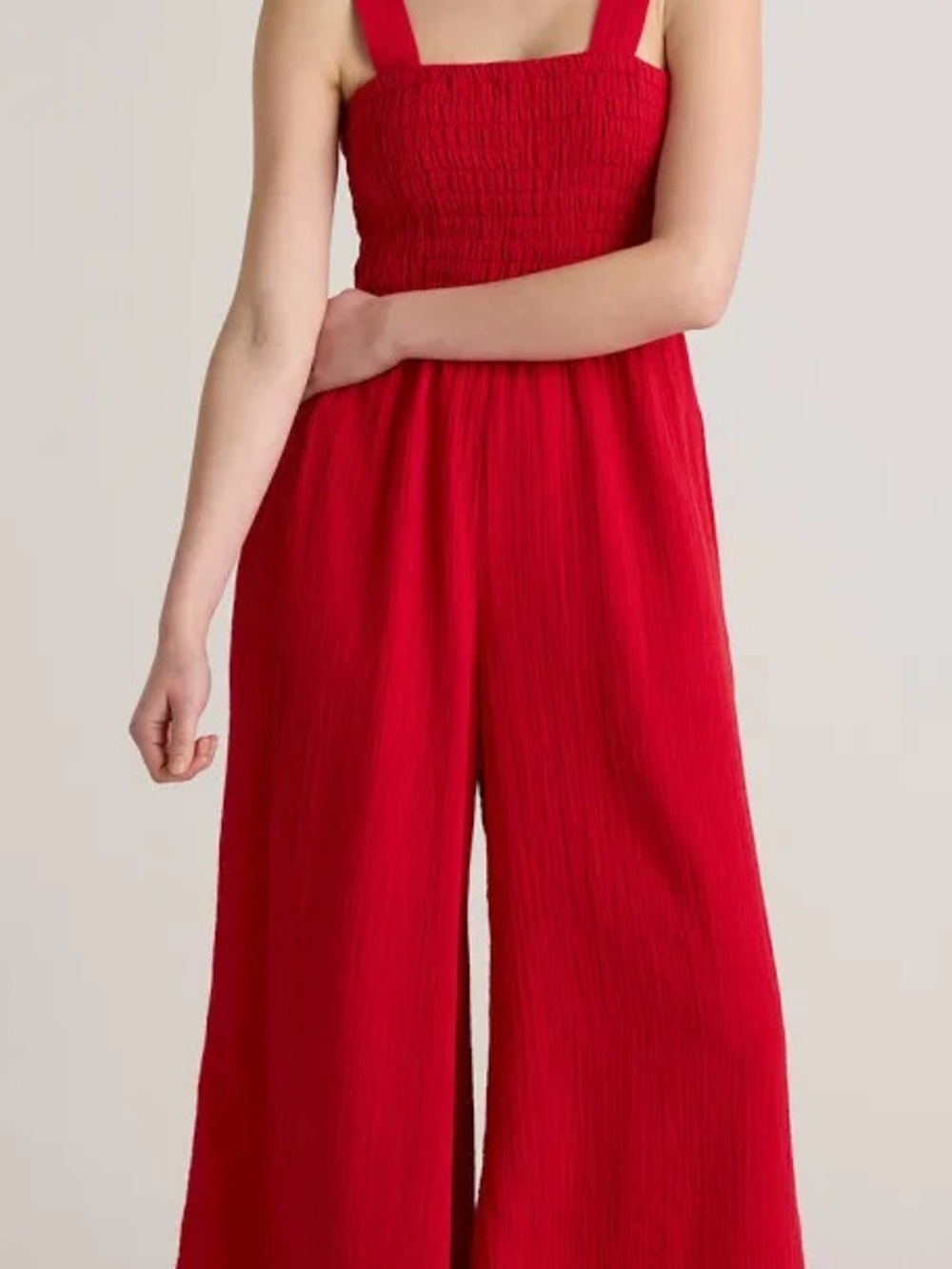 Quince Red Smocked Wide-Leg Jumpsuit